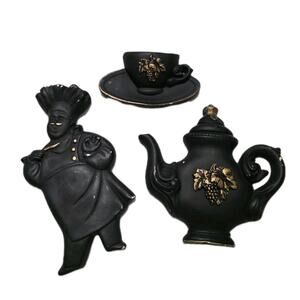 Chalkware Teapot Kettle Teacup Chef Kitchen Retro Style Wall Plaques Black Gold
